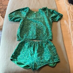 Clare V Green Animal Print Top and Shorts Set, size S and M